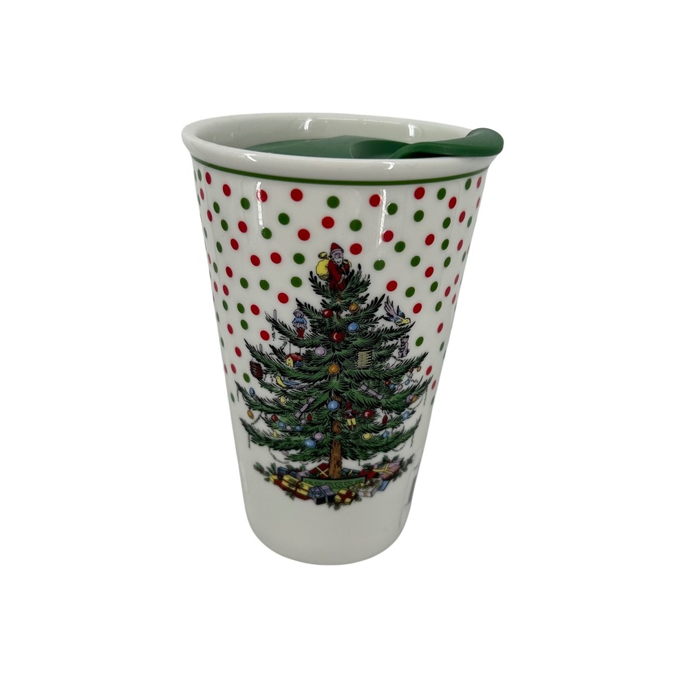 Spode Christmas Tree Polka Dot Ceramic Travel Mug with Lid 8 oz XTPO79164-XP